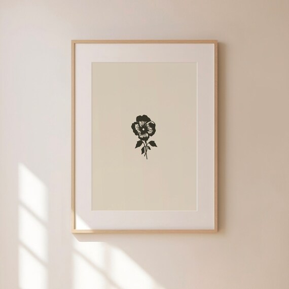 Black Pansy Silhouette Poster on Warm Beige Minimal Background
