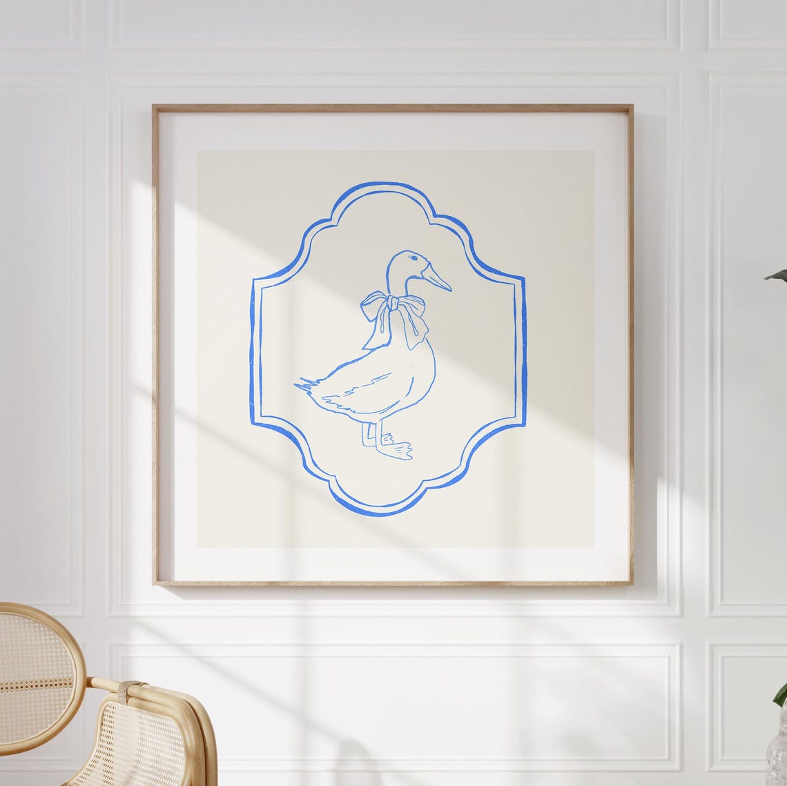 Cute Duck With Bow Blue Line Doodle In Scalloped Frame Poster
