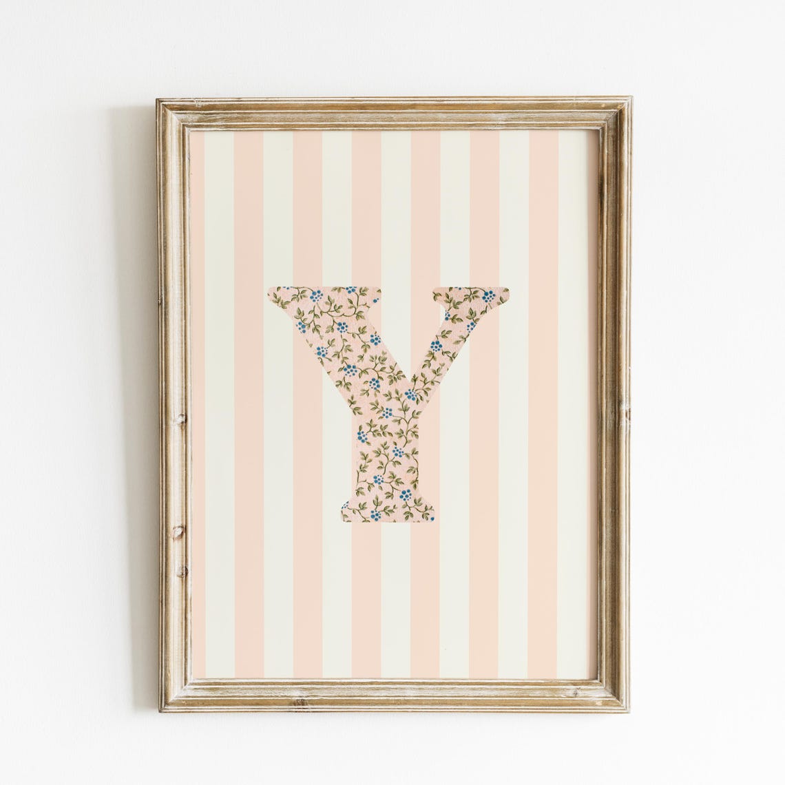 Letter Y Floral Monogram Pink Striped Gold Frame Nursery Wall Art - Image 2