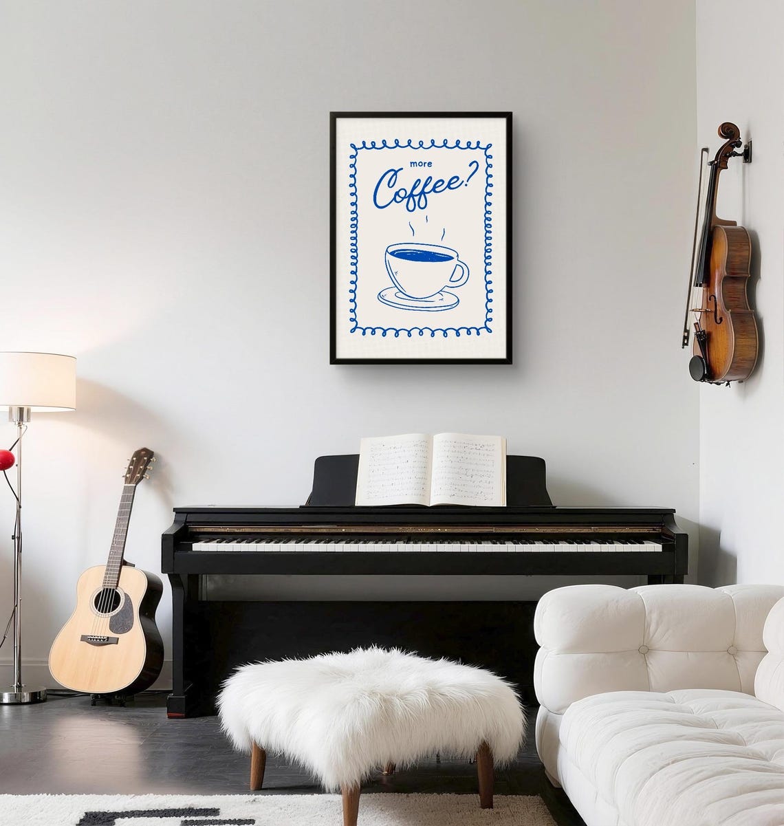 More Coffee Retro Blue Script Kitchen Cafe Typography Poster