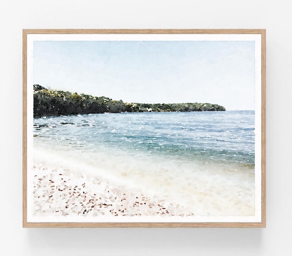 Lake Michigan Beach Watercolor Pebble Shore Muted Great Lakes Wall Art