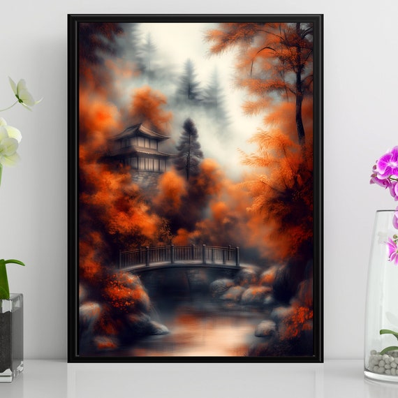 Vintage Japanese Art Dark Fall Prints Mystical Landscape Wall Decor Magical Forest Cottagecore Aesthetic Decor