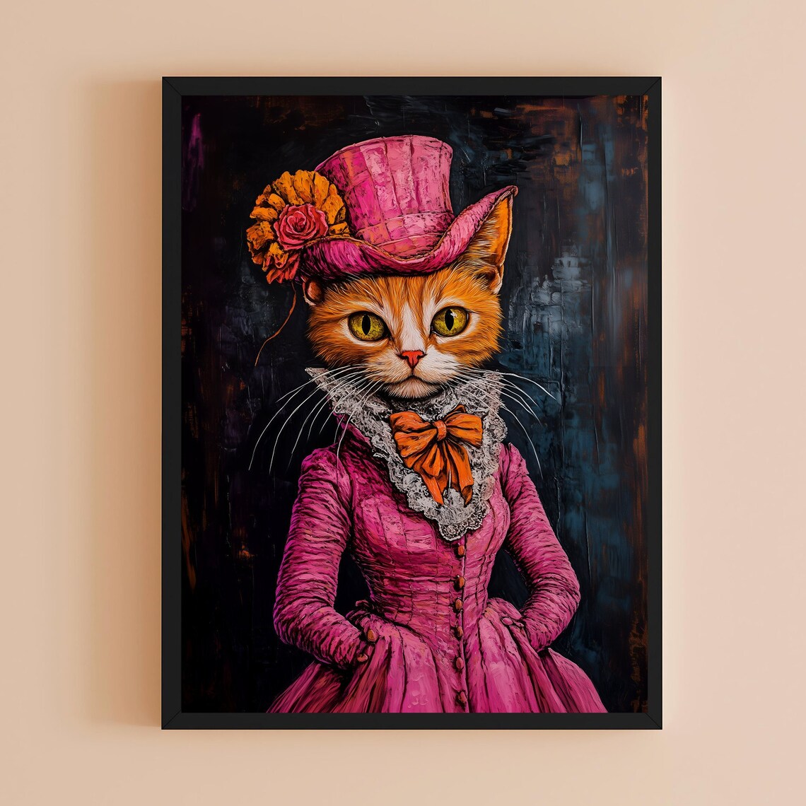 Victorian Cat Portrait Pink Dress Top Hat Vintage Funny Wall Art Poster
