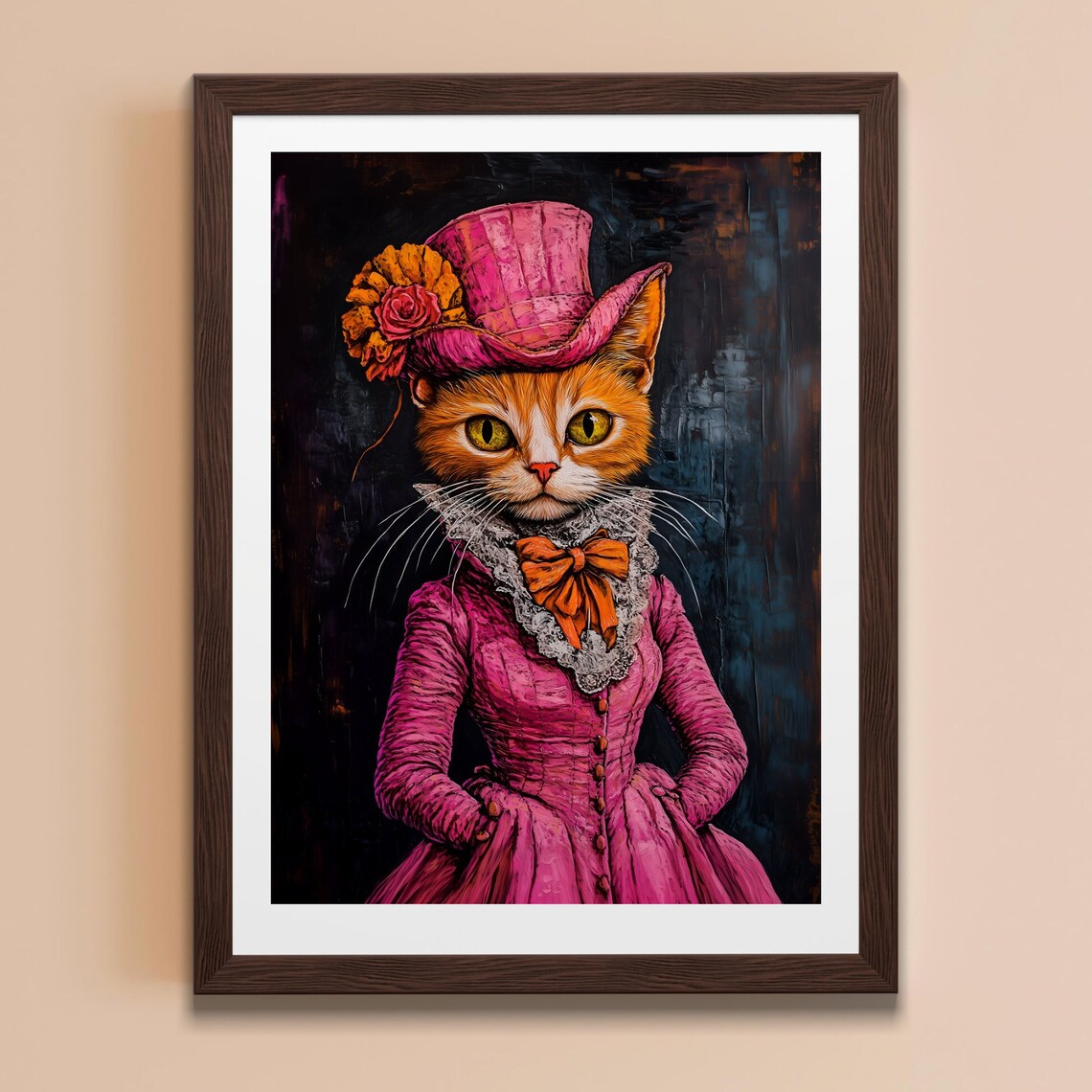 Victorian Cat Portrait Pink Dress Top Hat Vintage Funny Wall Art Poster - Image 6