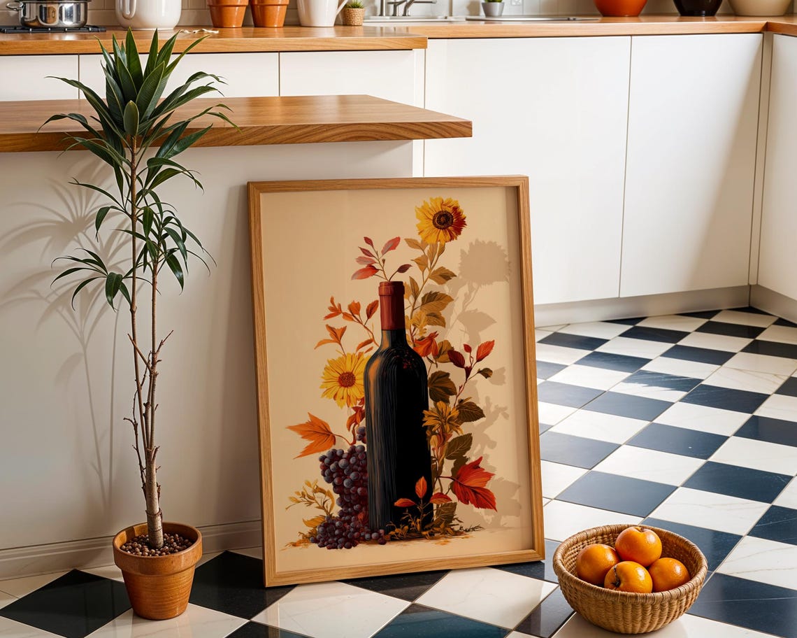 Autumn Wine Bottle Print Rustic Fall Floral Kitchen Wall Art Poster
