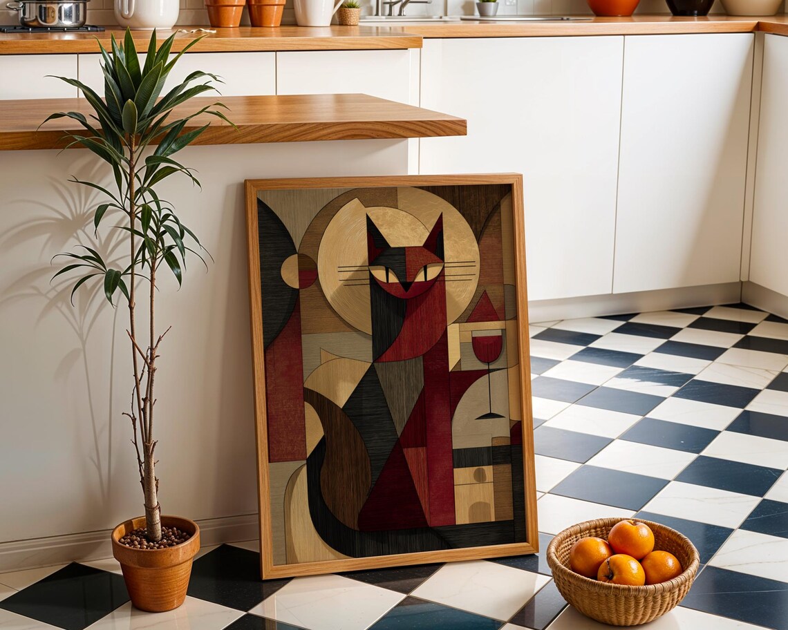 Geometric Black Cat Cubist Art Wine Glass Gold Halo Midcentury Poster Decor