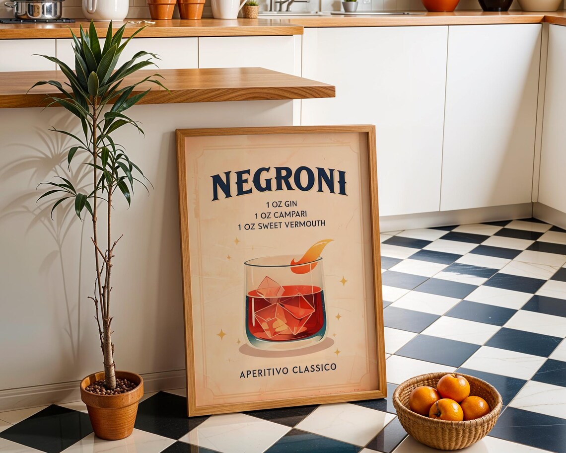 Negroni Vintage Cocktail Art Print, Retro Kitchen
