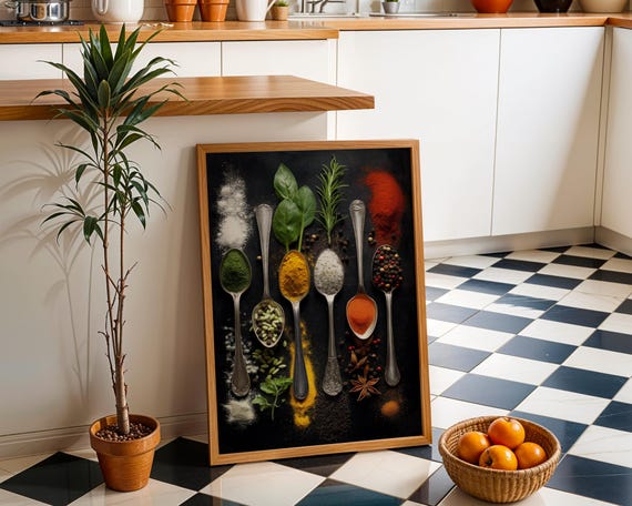 Herb And Spice Kitchen Wall Art Print Botanical Food Illustration Rustic Modern Dining Room Decor Whimsical Cooking Artwork