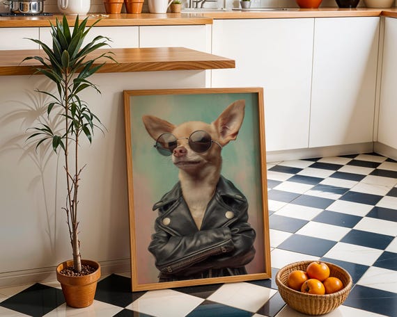 Chihuahua Leather Jacket Art Print Cool Dog Wall Funny Poster Biker Illustration Sunglasses Dcor