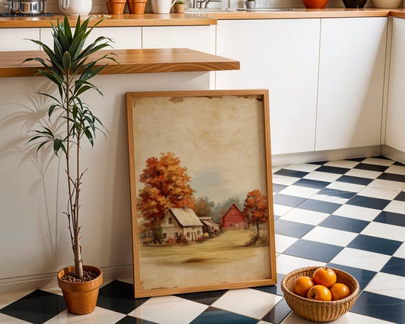 Vintage Farmhouse Wall Art Print Rustic Autumn Barn Scene Country Cottage Landscape Painting Cosy Fall Home Dcor Rural