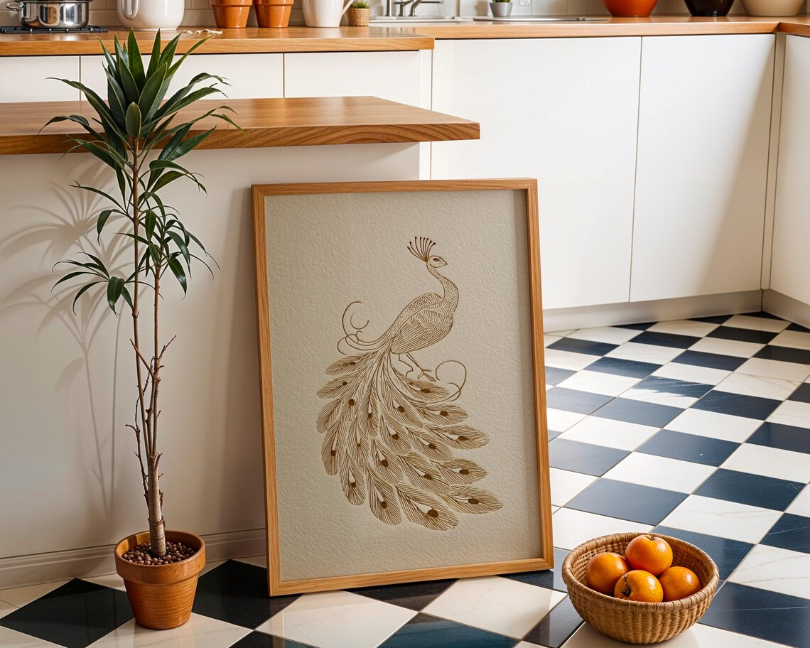 Minimalist Peacock Line Art Print, Modern Boho Decor