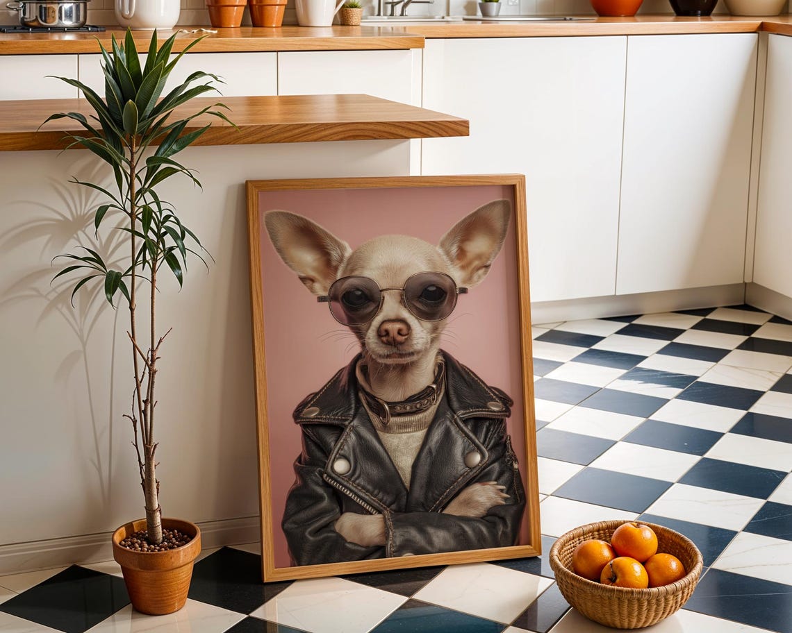 Cool Chihuahua Leather Jacket Sunglasses Pink Dog Portrait Poster