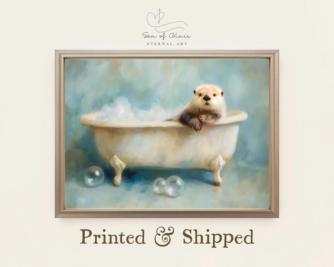 Otter in Clawfoot Tub Art Print, Whimsical Decor