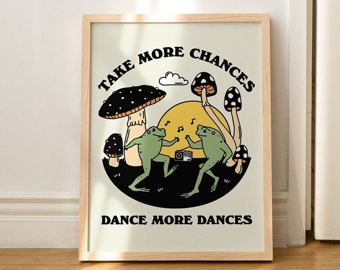 Dancing Frog Selfcare Quote, Vintage Mushroom Art Print