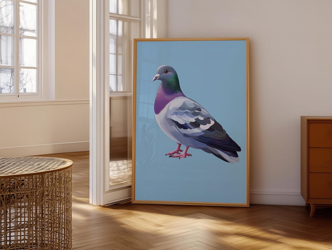 Playful Pop Art Pigeon Illustration on a Bright Baby Blue Poster - Image 6