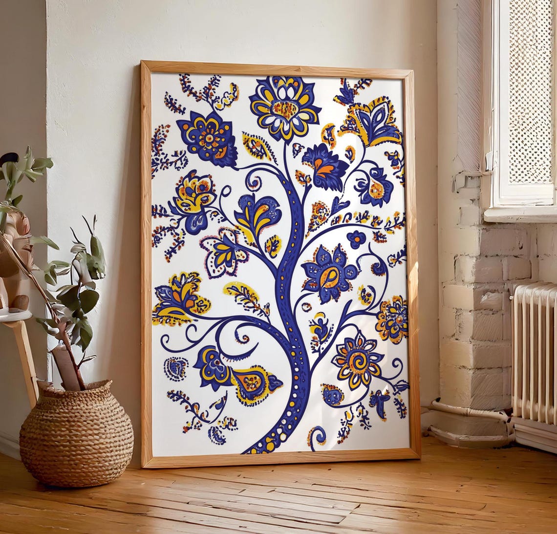 Deep Violet Blue Ukrainian Folk Tree Paisley Flowers White Poster