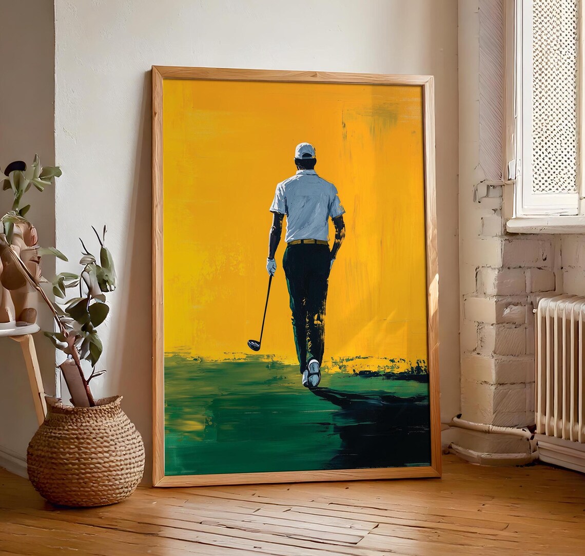 Golfer Walking Away Across Fairway Under Golden Yellow Sky Poster - Image 7