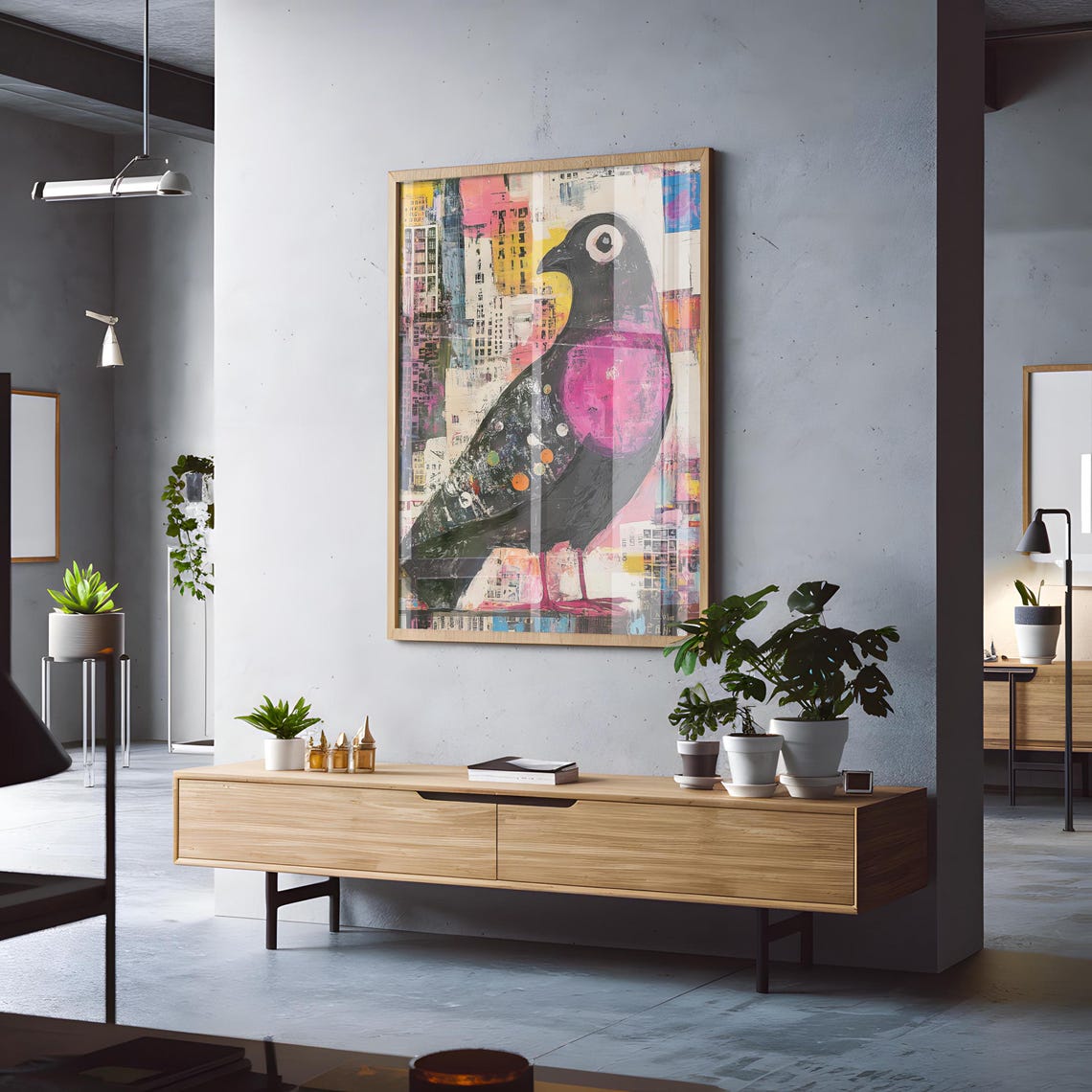 Abstract Pink Chested Pigeon Over Colorful Urban Collage Art Poster - Image 4