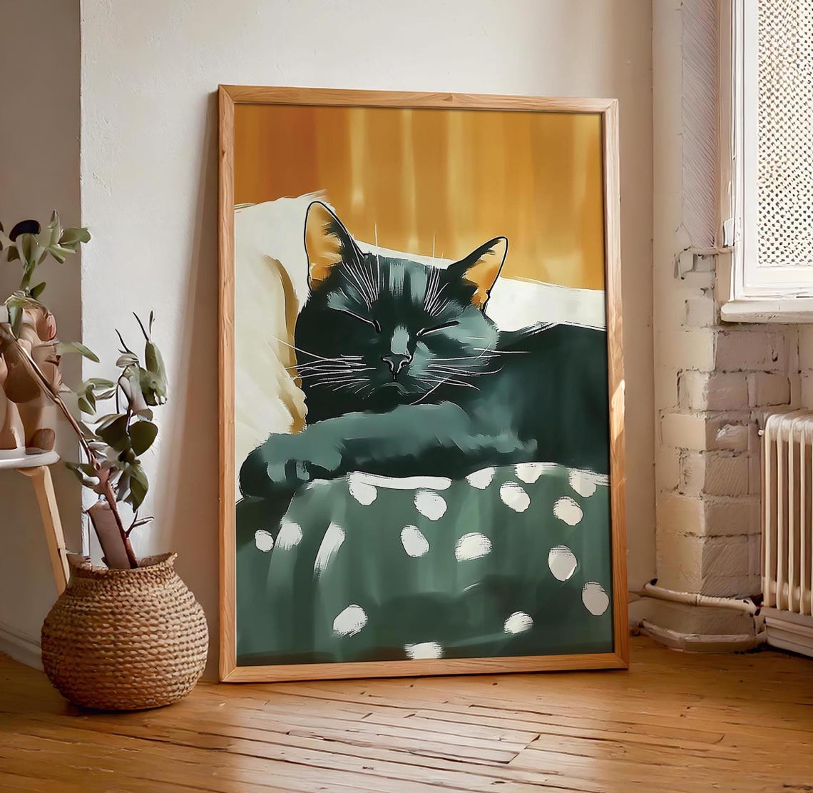 Sleeping Black Cat Under Polka Dot Blanket Golden Glow Poster