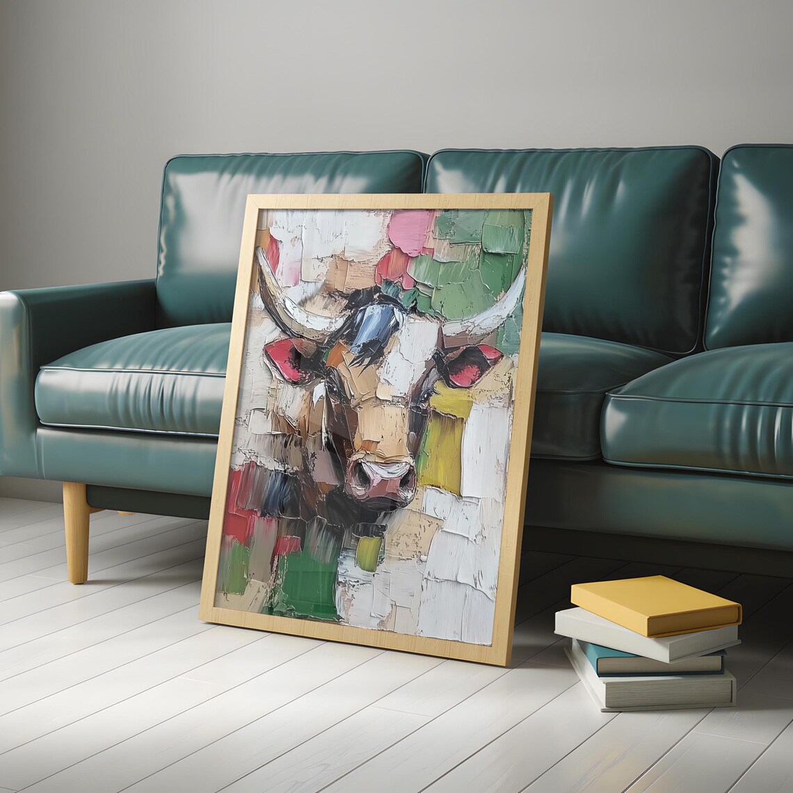 Colorful Abstract Impasto Bull Portrait with Pink Ears Painting Poster - Image 5