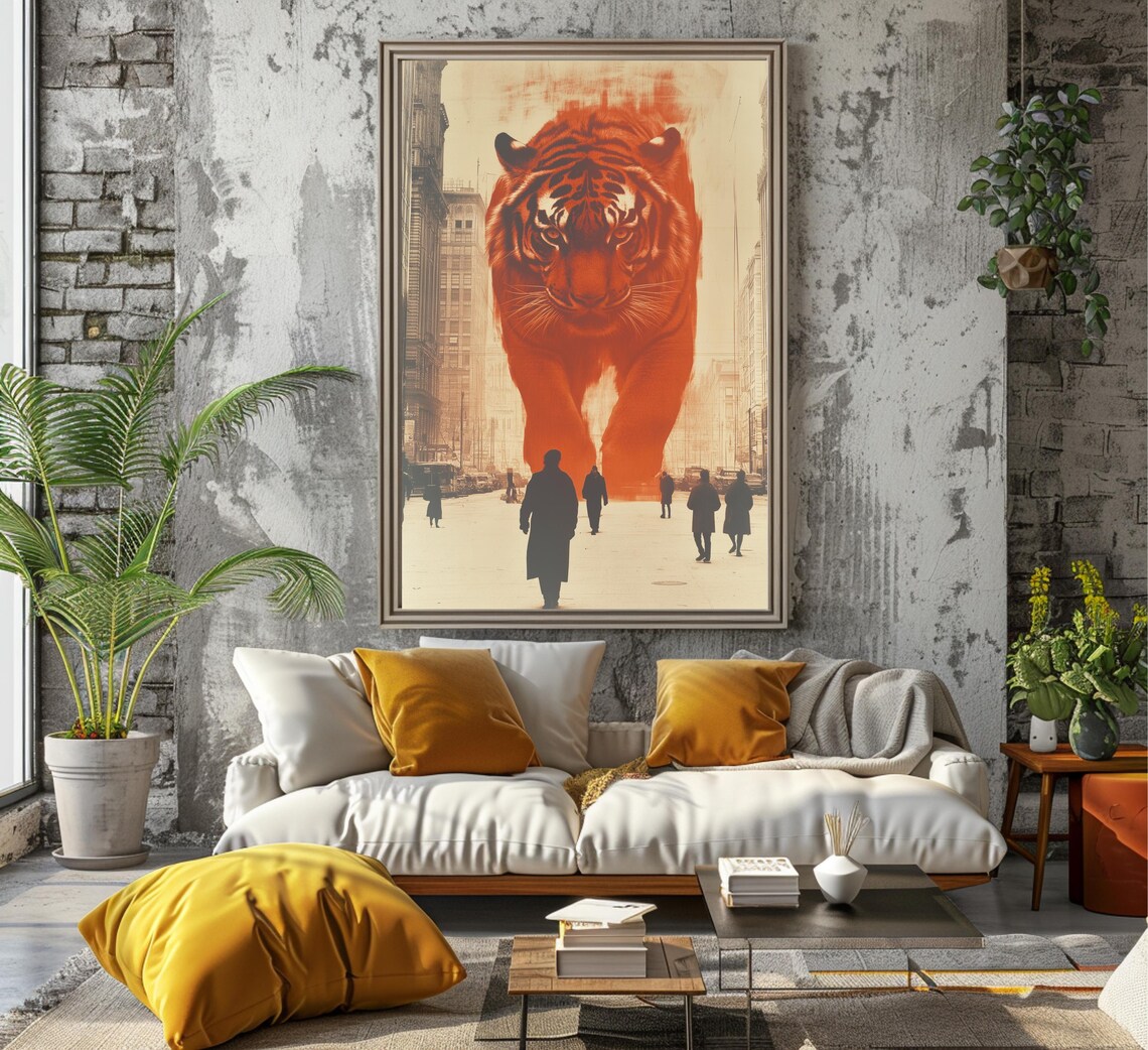 Giant Orange Tiger Towering Over A Busy City Street Art Poster - Image 6