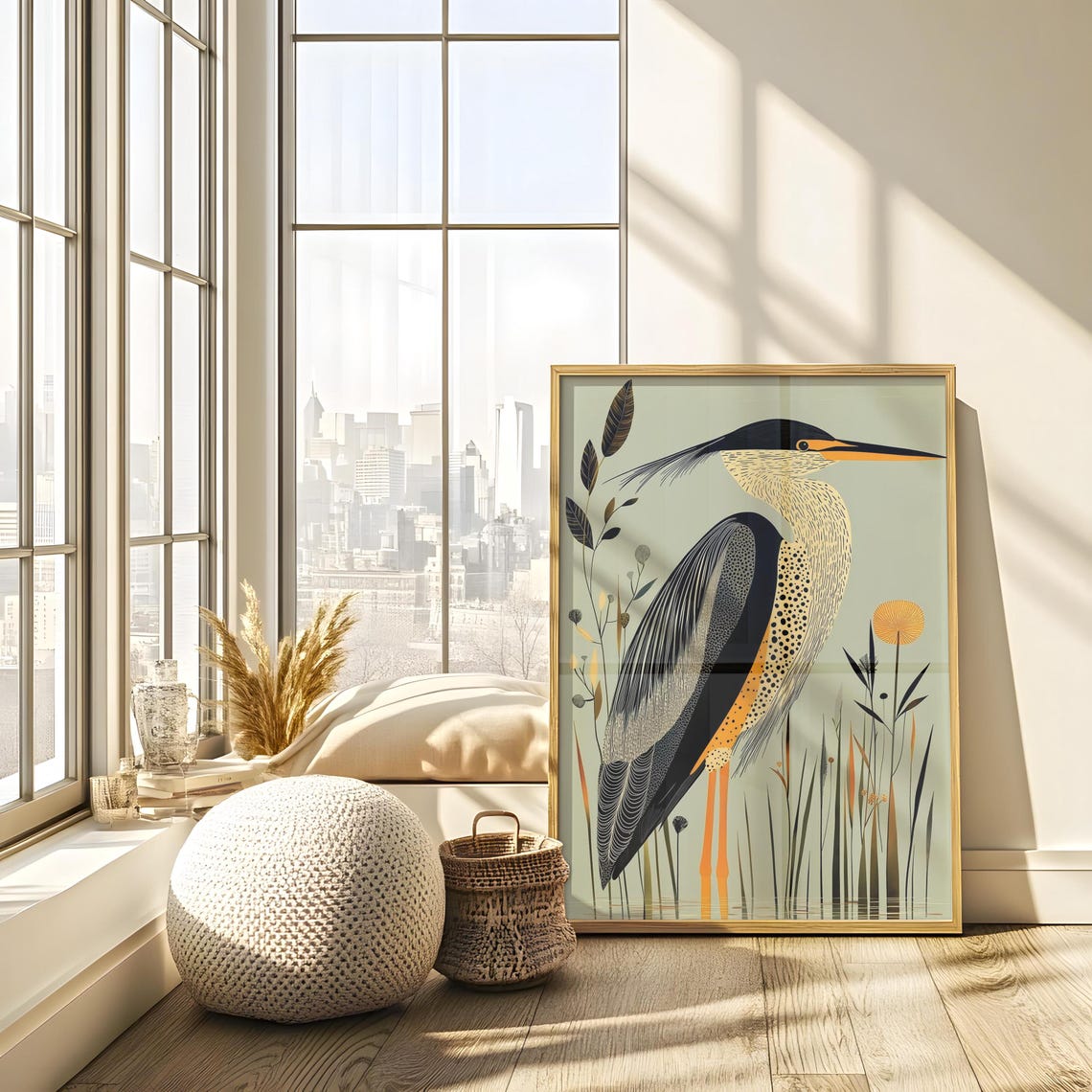 Art Deco Heron Geometric Bird in Sage Green Botanical Poster - Image 2