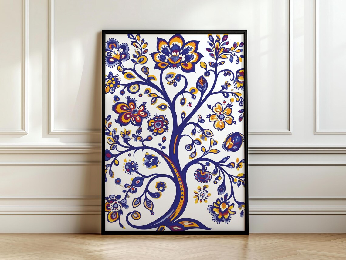 Indigo Blue Ukrainian Folk Tree Of Life Yellow Orange Floral Poster - Image 7