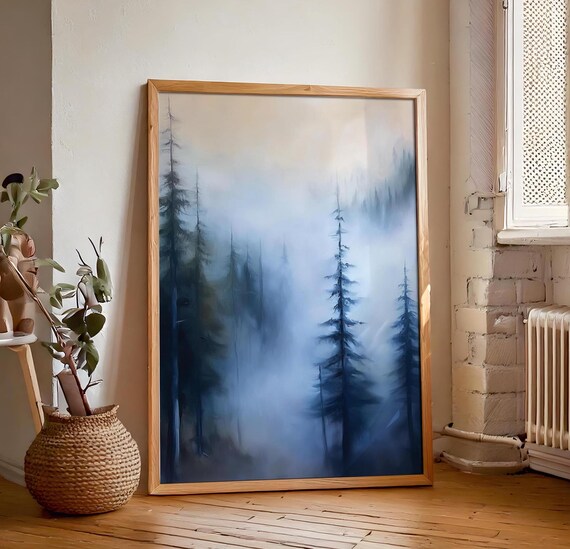 Foggy Mountain Pine Tree Wall Art Moody Vintage Forest Painting Rustic Masculine Wall Hanging Art
