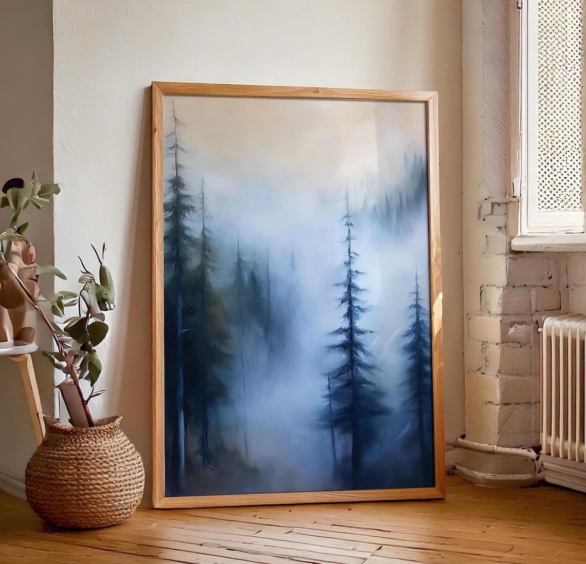 Serene Foggy Blue Pine Forest in Cool Misty Tones Painting Poster