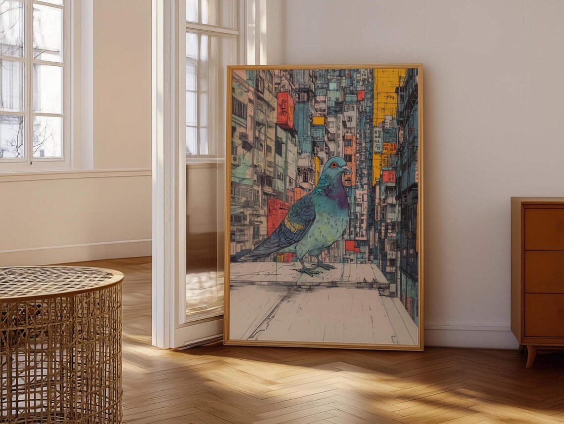 Teal Pigeon Perched Above A Bustling Asian Street Scene Poster - Image 6