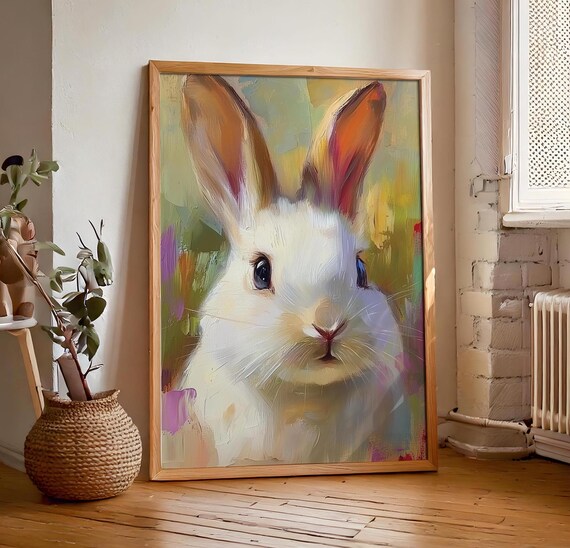 White Rabbit Portrait on Pastel Abstract Background Bunny Poster