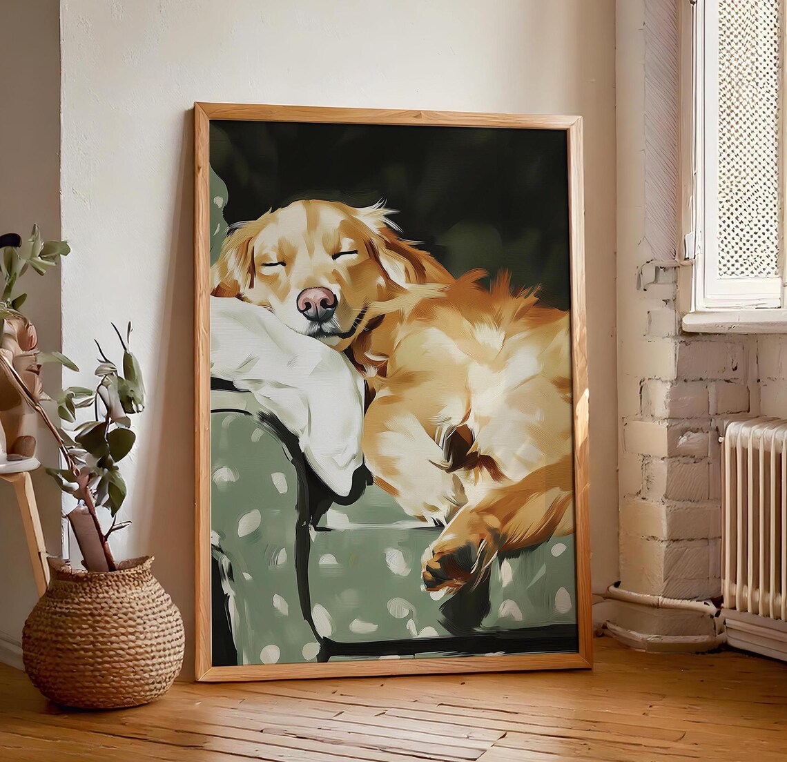 Golden Retriever Asleep on Polka Dot Armchair Painterly Dog Poster