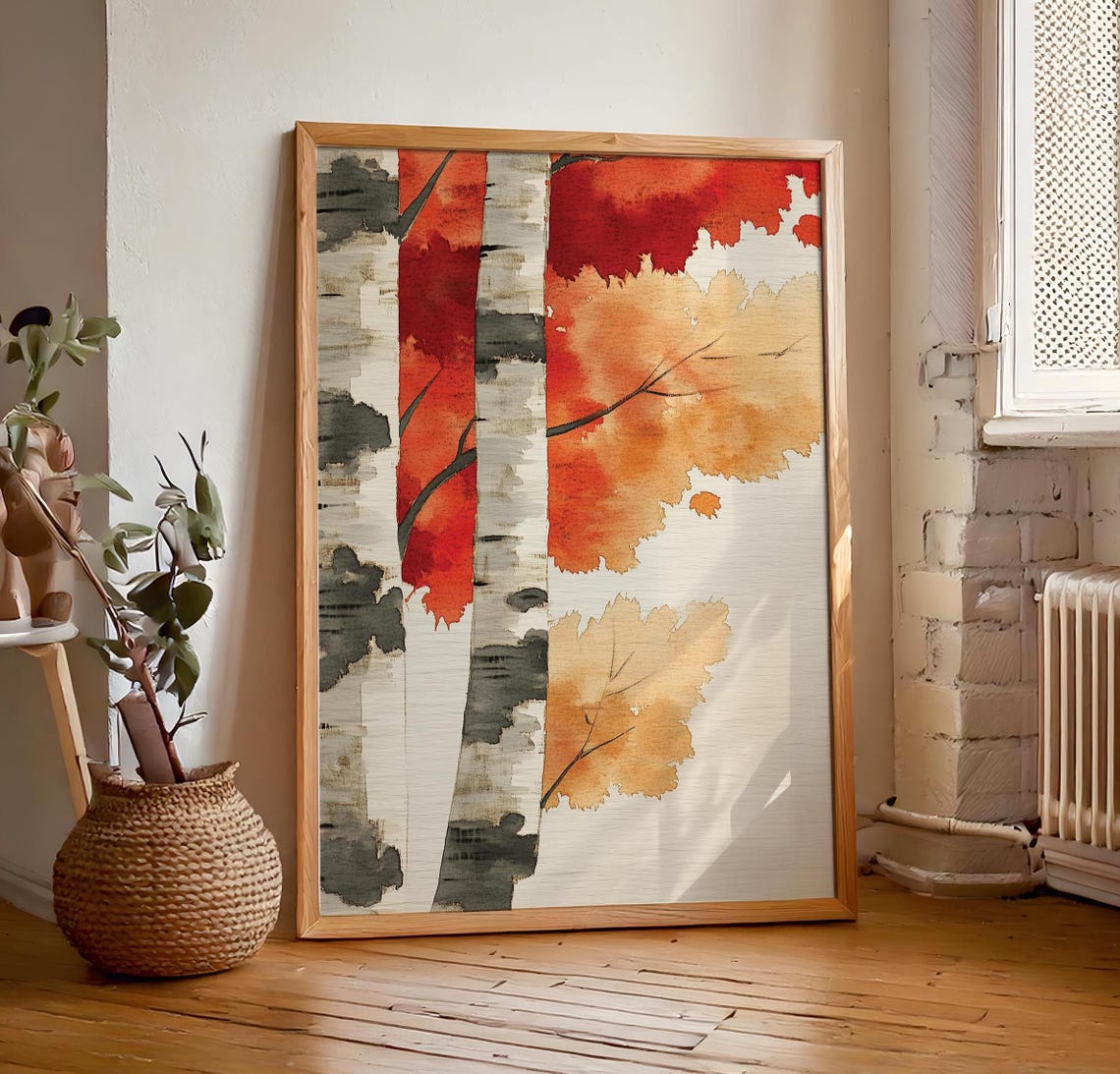 Watercolor Birch Trunks Red Gold Wash Abstract Forest Poster
