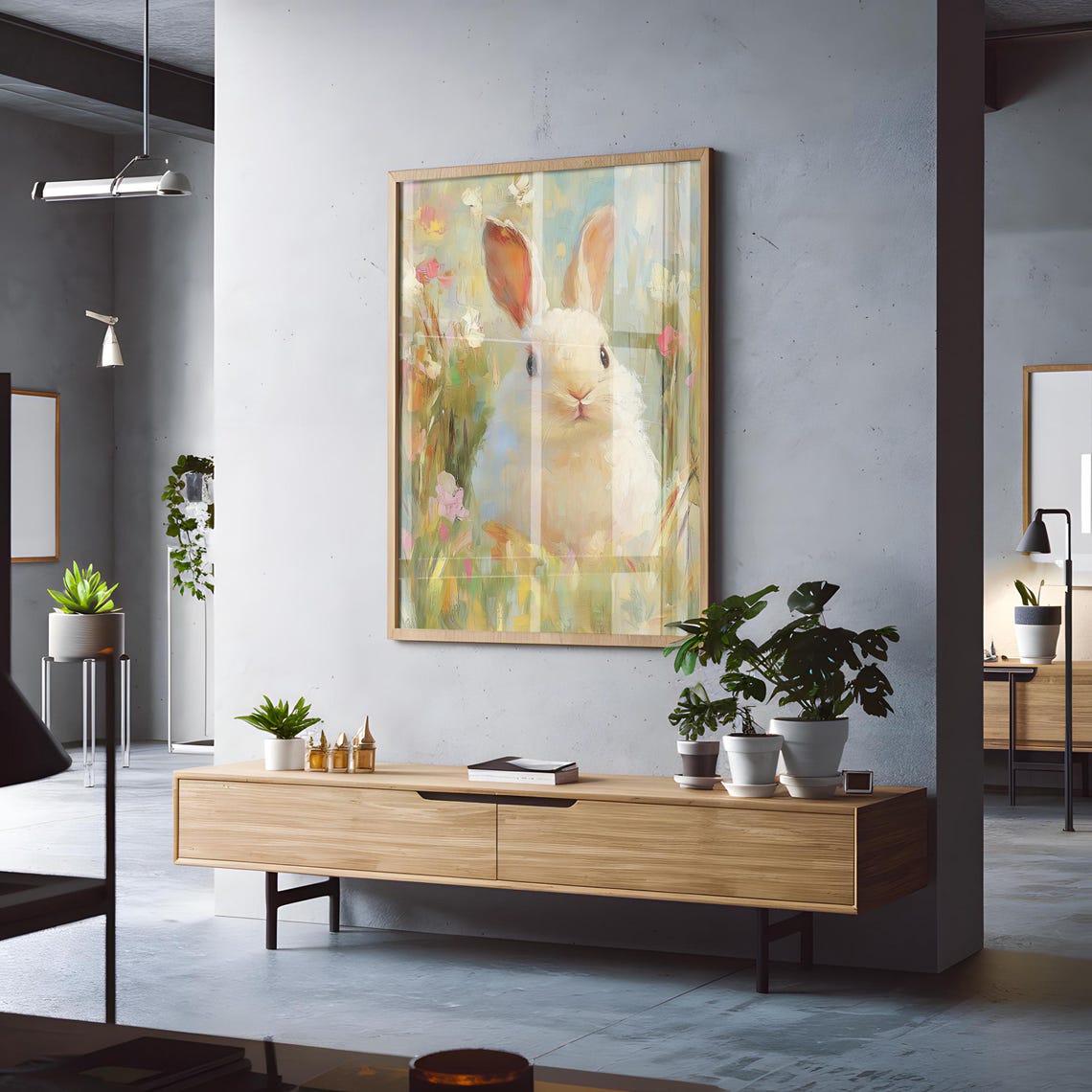White Bunny in Flower Meadow Soft Impressionist Garden Poster - Image 3