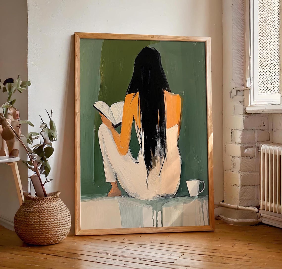 Woman With Long Black Hair Reading From Behind Coffee Cup Poster