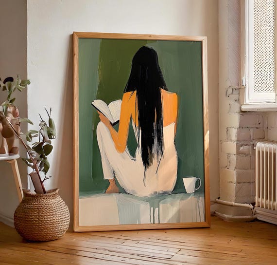 Emerald Green Abstract Minimalist Print Woman Reading With Coffee Wall Art Classic Wall Art Retro Vintage Painting Art