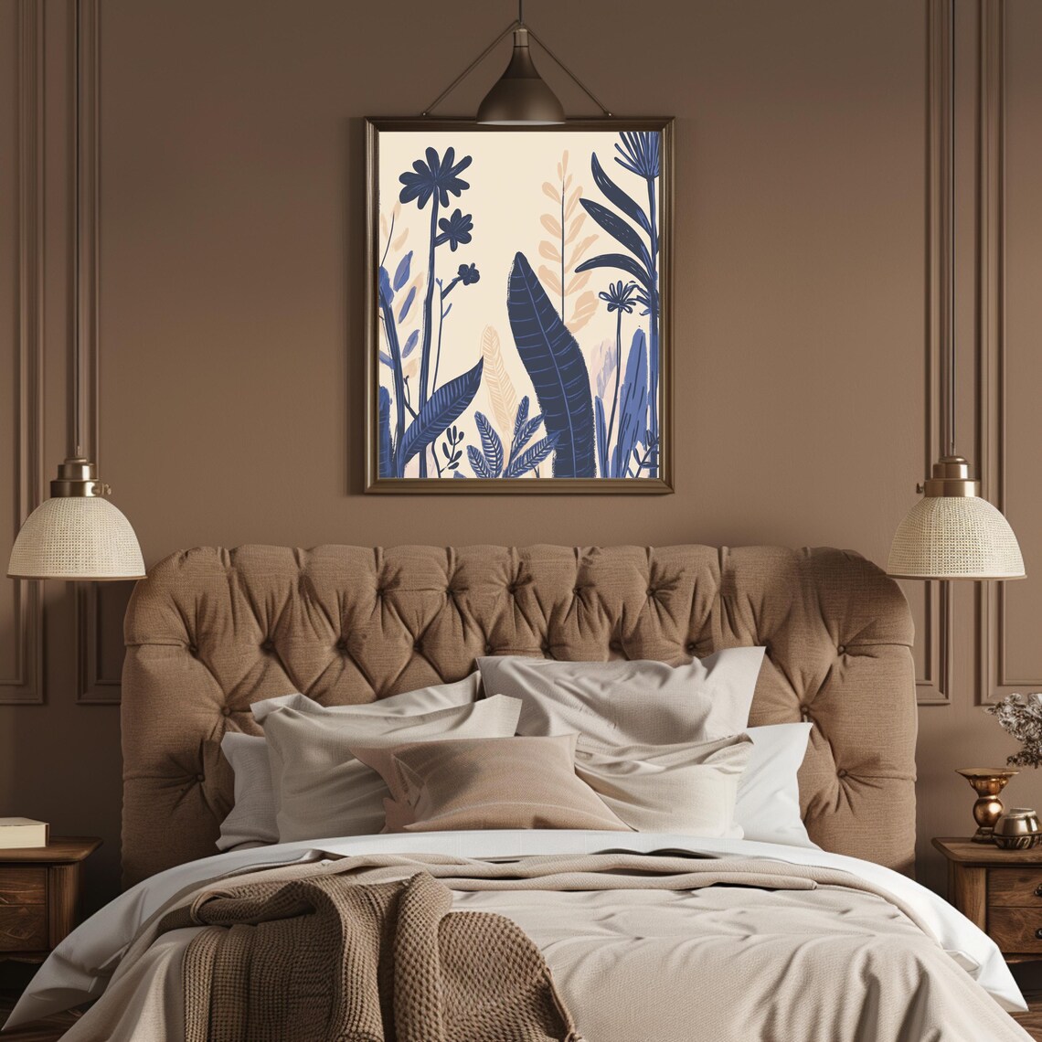 Navy and Peach Botanical Silhouettes Cream Chinoiserie Floral Poster - Image 3