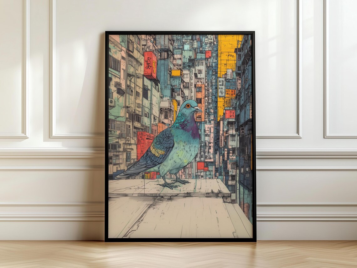 Teal Pigeon Perched Above A Bustling Asian Street Scene Poster - Image 7