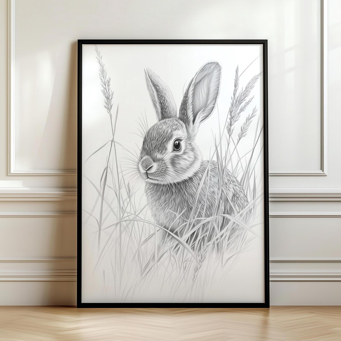 Pencil Sketch Bunny Front View In Wild Grasses Fine Line Graphite Drawing Art Poster - Image 7