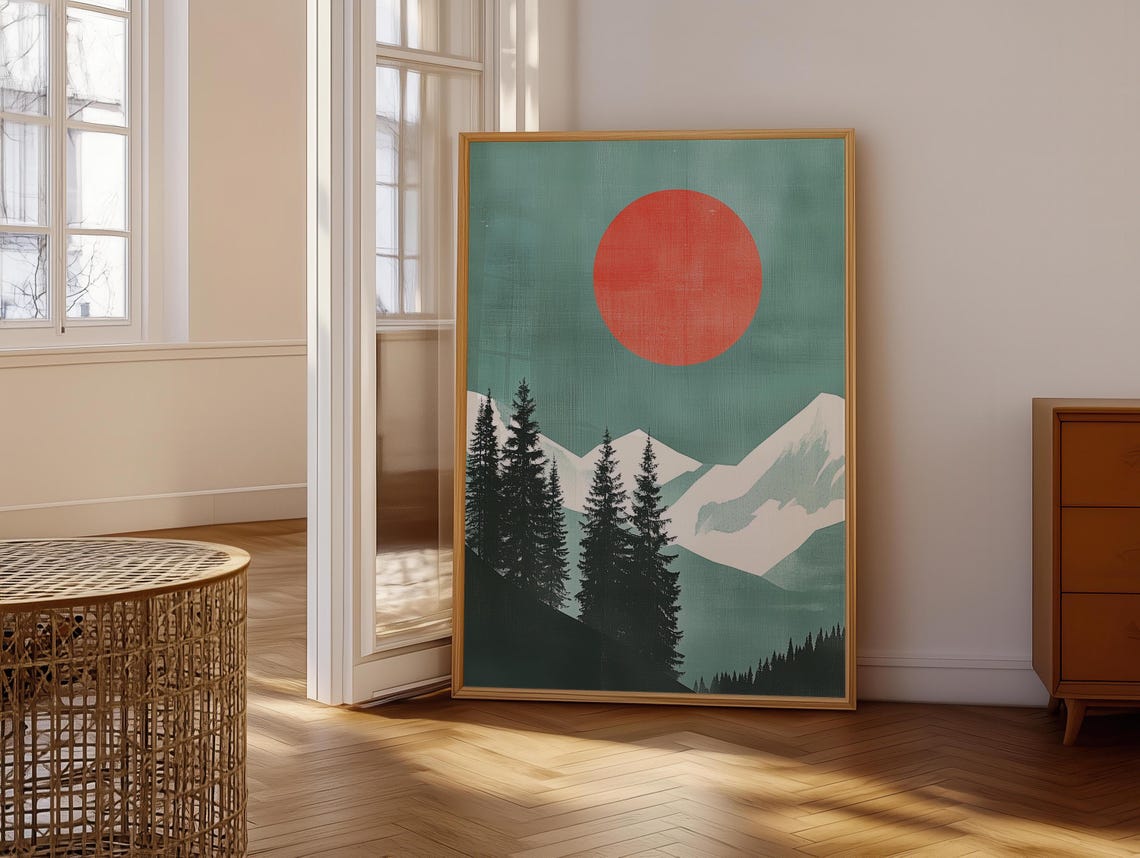 Abstract Mountain Landscape Red Sun Teal Sky Snow Peaks Poster - Image 7