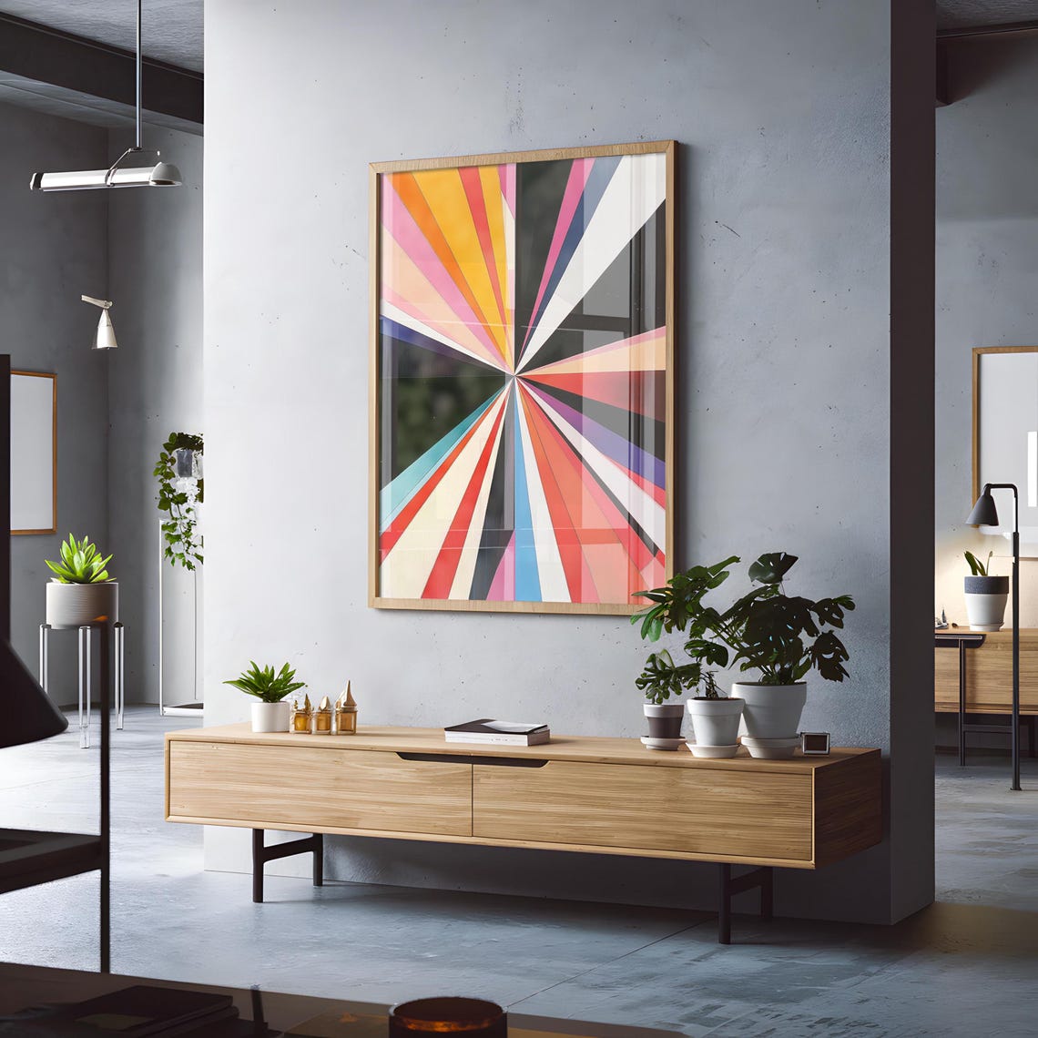 Radiant Multicolor Sunburst Rays Abstract Painting on Black Poster - Image 2