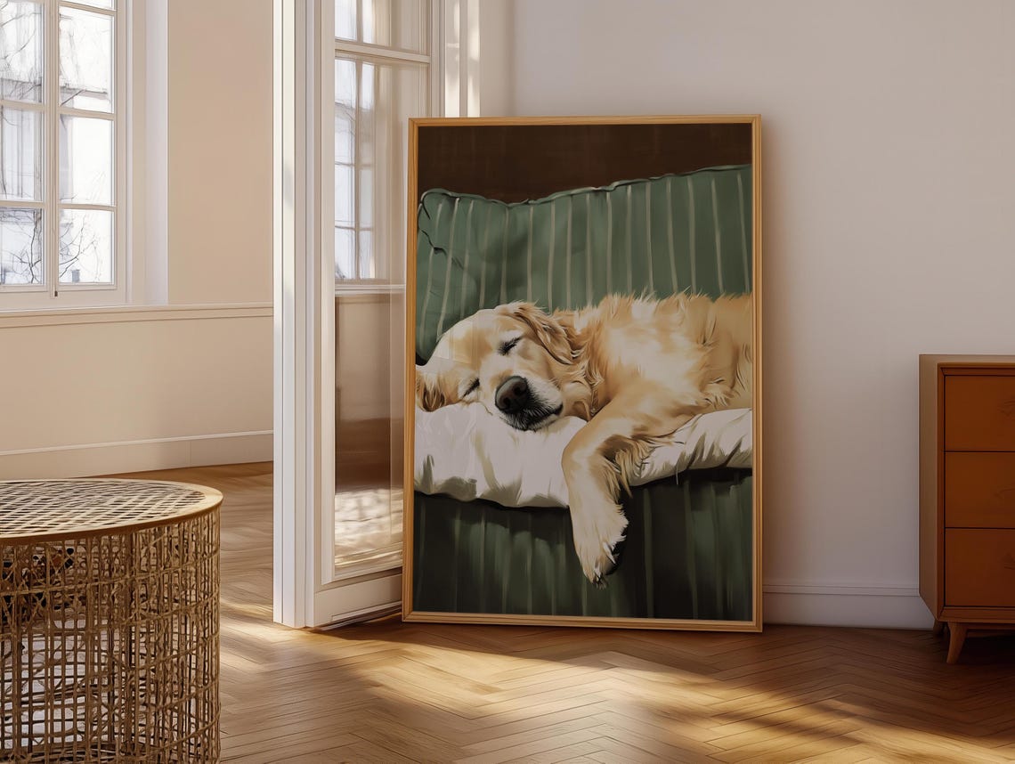 Golden Retriever Asleep on Green Striped Couch Paw Hanging Dog Poster - Image 6