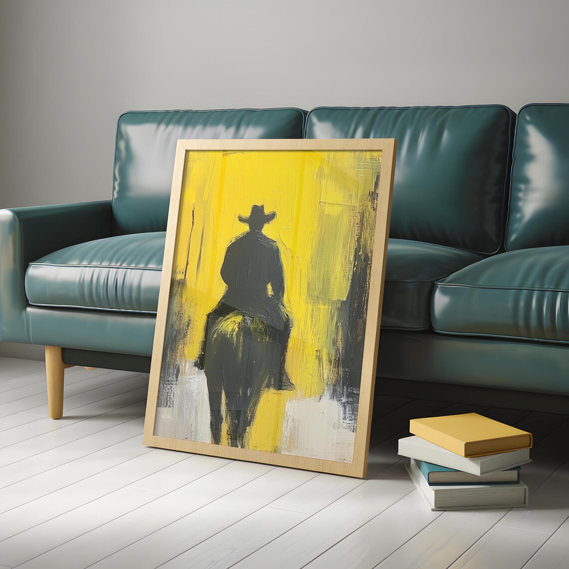 Expressive Impasto Cowboy on Horse in Vivid Yellow Oil Poster - Image 2