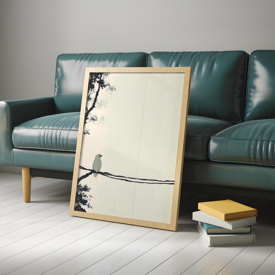 Sage Green Bird On Long Branch With Ink Tree Silhouette Poster - Image 5