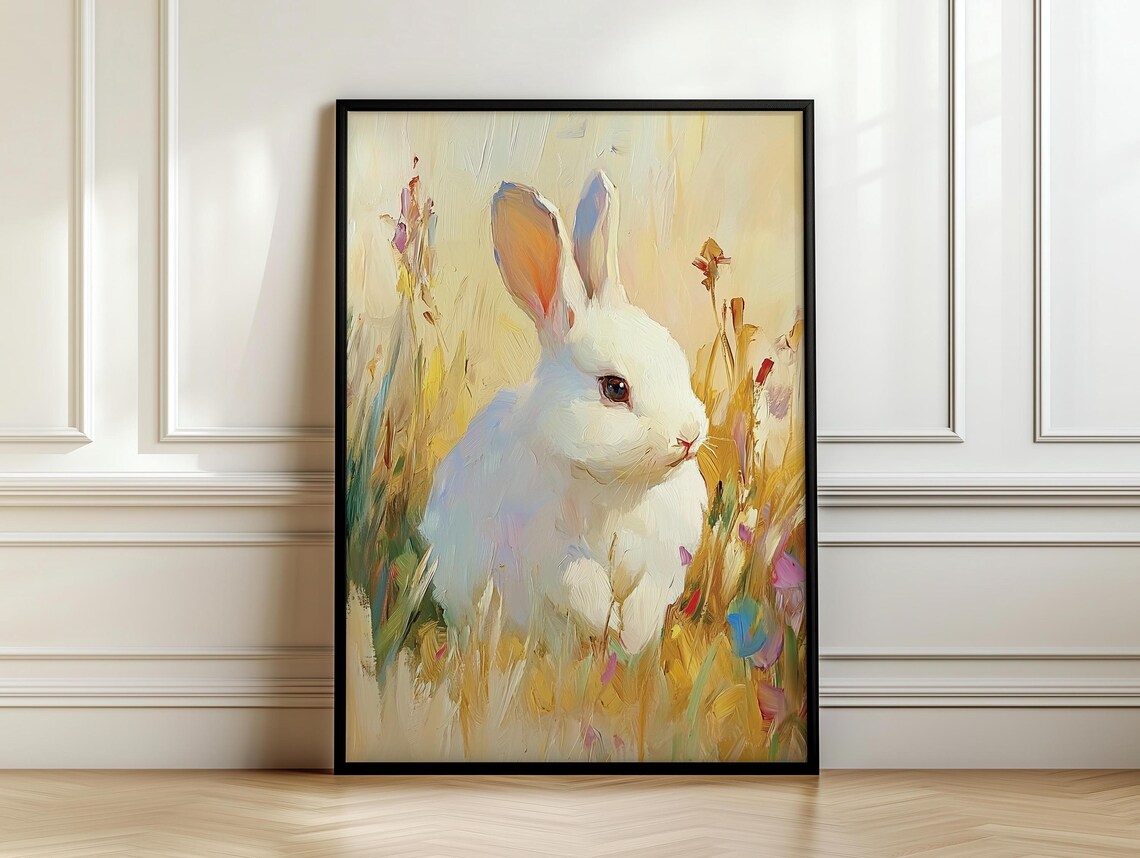 White Rabbit In Golden Meadow Soft Pastel Oil Painting Style Bunny Artwork Poster - Image 7