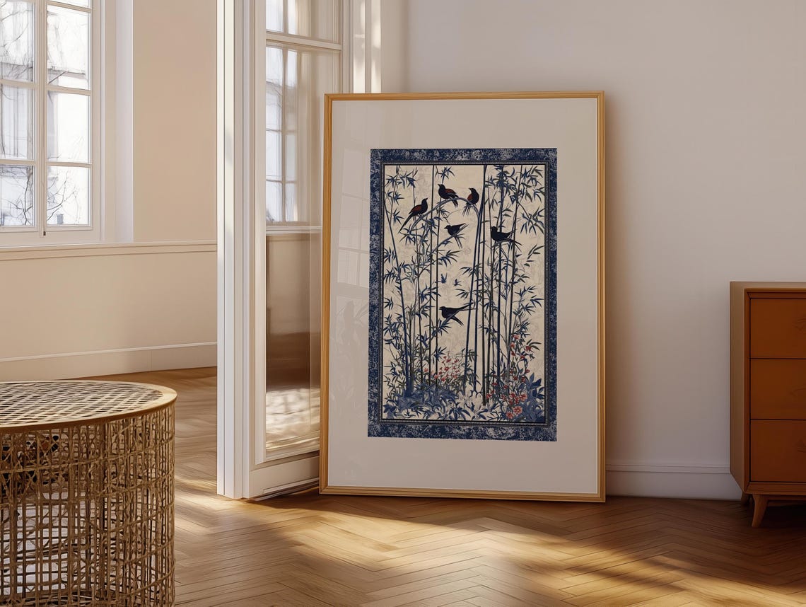 Blue Bamboo Forest With Black Birds Chinoiserie Textile Art Poster - Image 6
