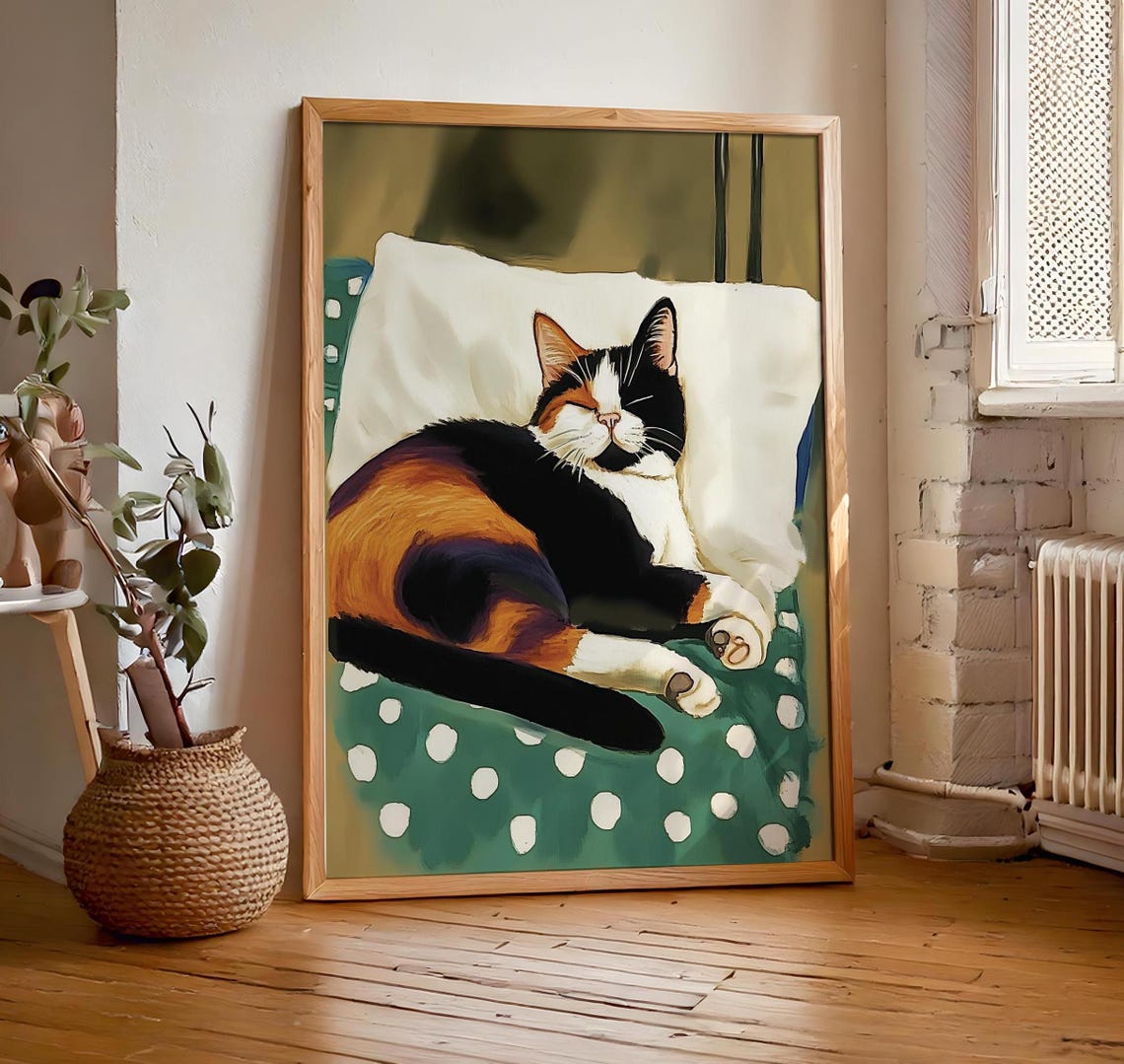 Calico Cat Napping on Polka Dot Quilt White Pillow Cozy Poster