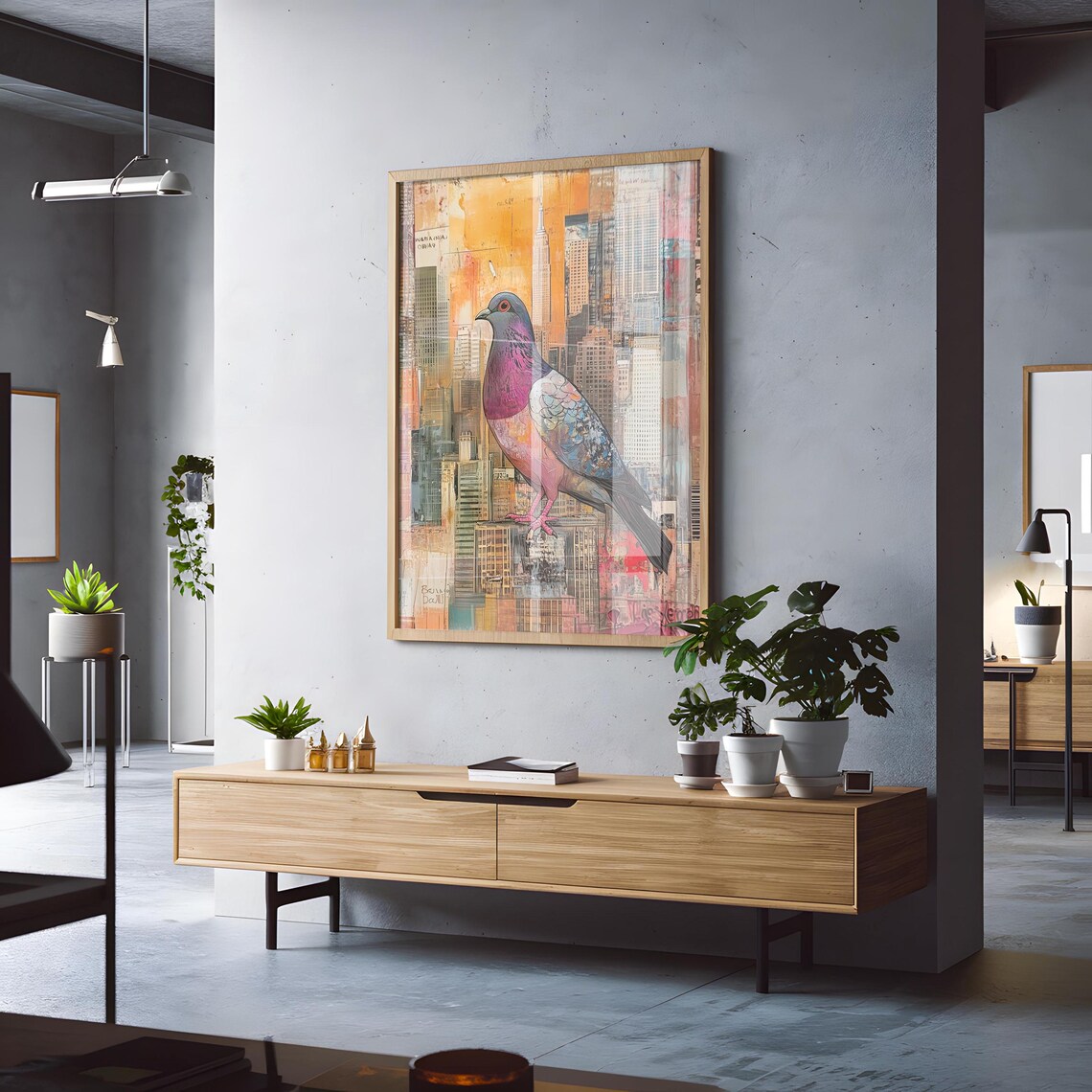 Painted Pigeon Over An Orange New York Skyline Sunset Art Poster - Image 4