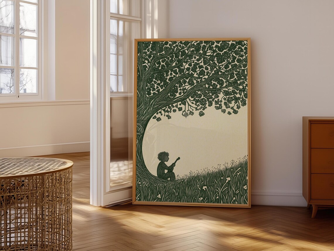 Boy With Pipe Under Great Tree Green Ink Folk Illustration Tapestry Style Art Poster - Image 6