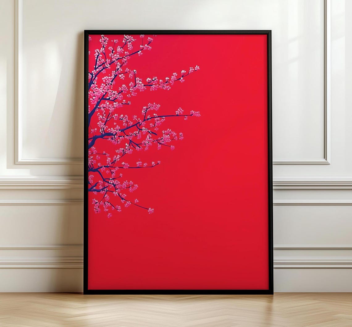 Pink Cherry Blossom Branch On Bold Red Minimalist Art Poster